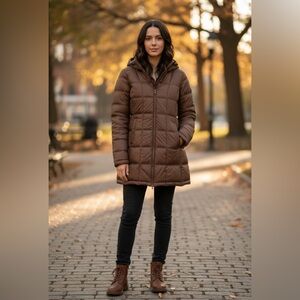 Hawks & Co Women’s Fit Puffer Coat Chocolate Brown Zip Hood Long
